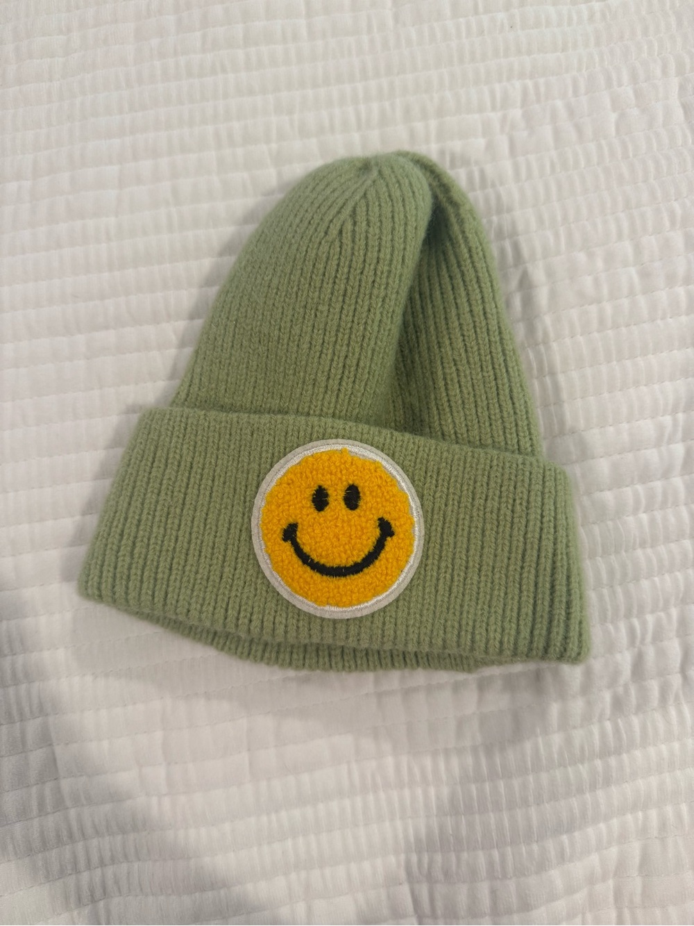Ribbed Olive Green Beanie with Yellow Smiley Patch